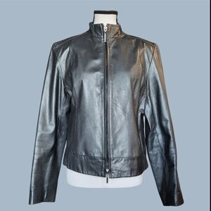 Metallic Grey Leather Biker Moto Jacket, Womens Size Large